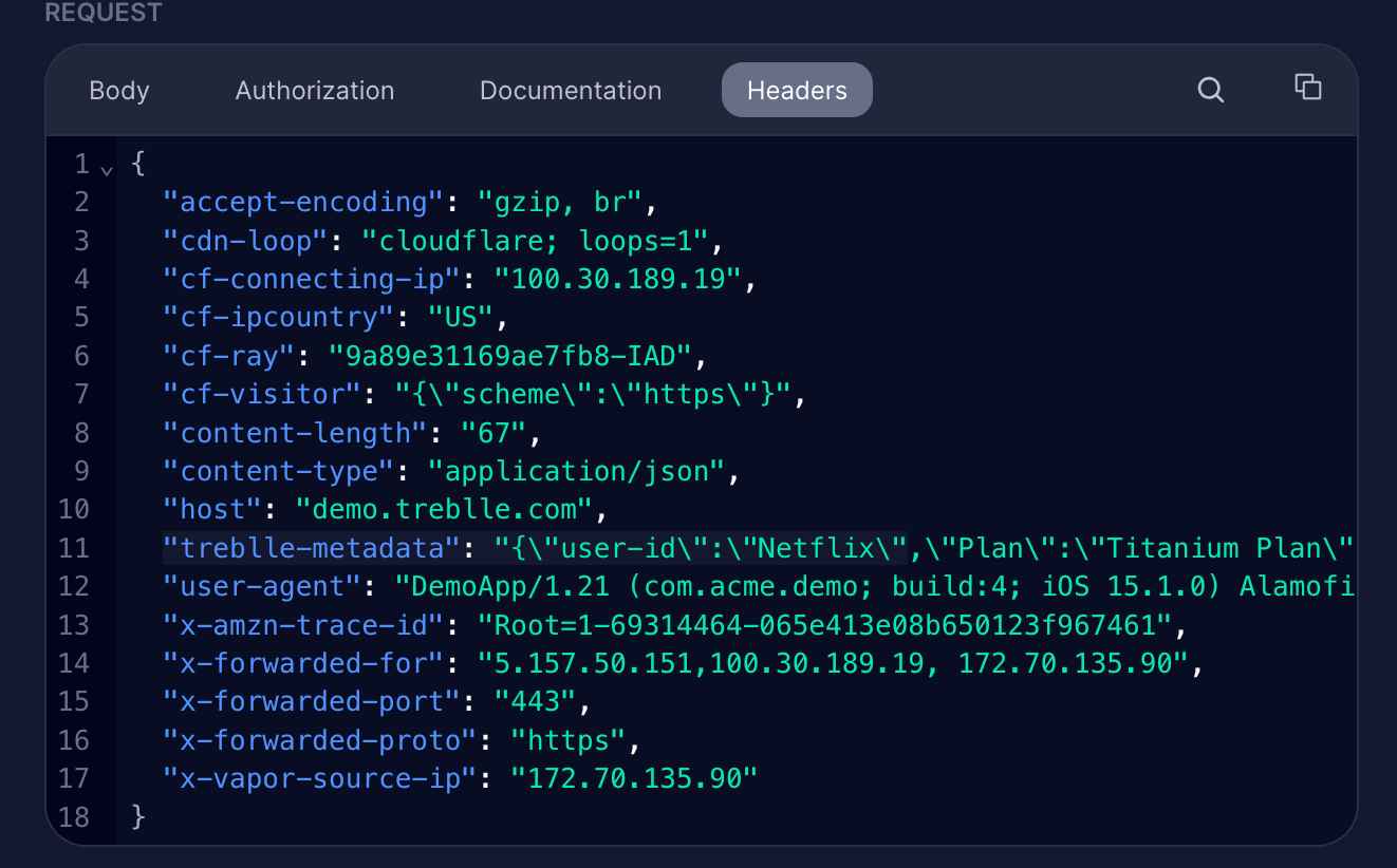 Example of treblle-metadata header format