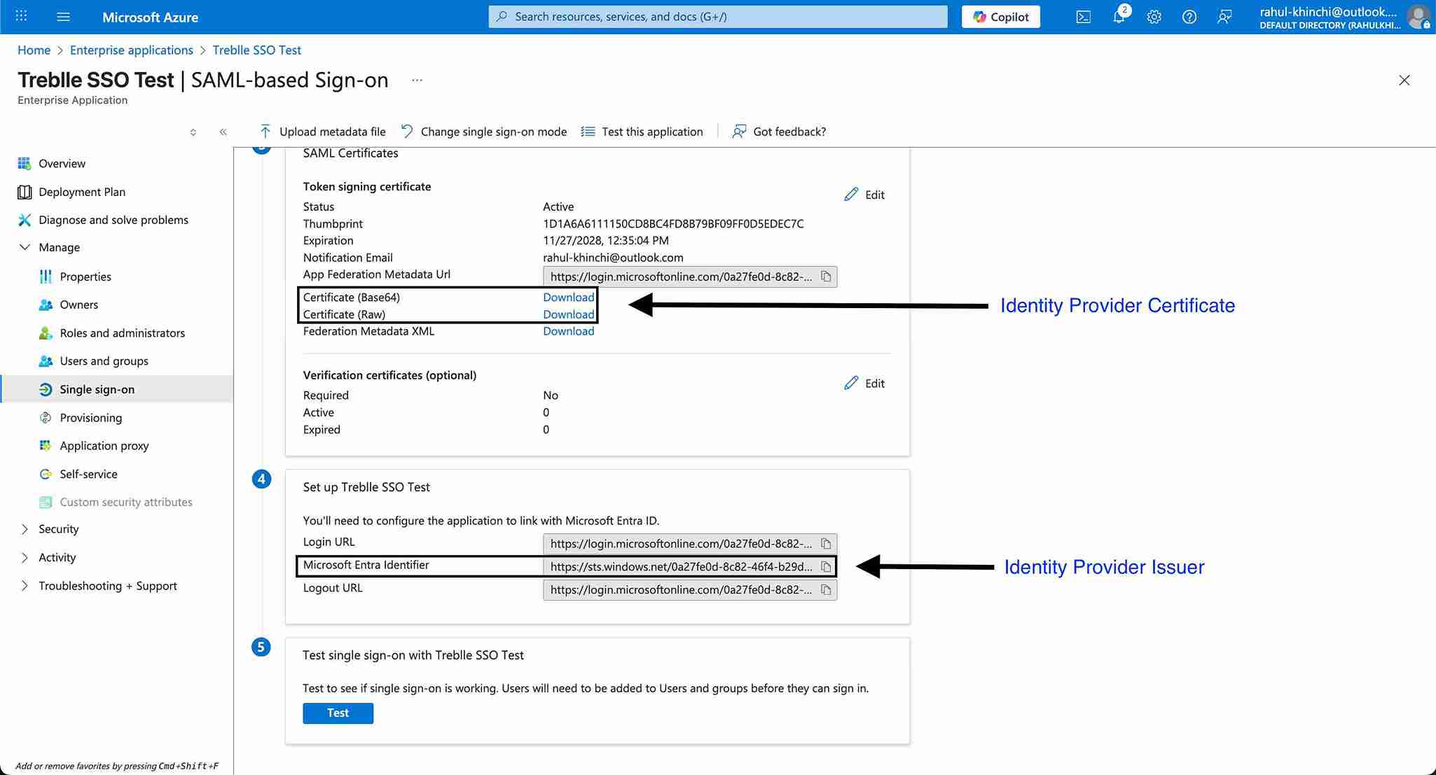 SAML Certificates Section